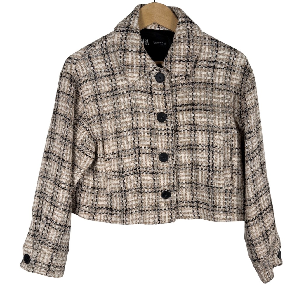 Zara Plaid Tweed Cropped Jacket Womens M Tan Cream Black Button Up 9013/118